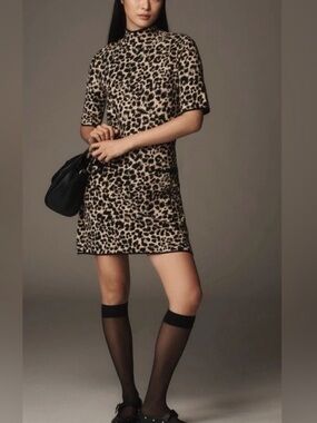 Anthropologie Maeve Annalise Mock Neck Knit Dress Leopard